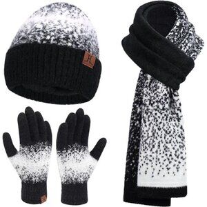 Womens Winter Knit Beanie Hats and Touchscreen Gloves Long Scarf Set with Warm